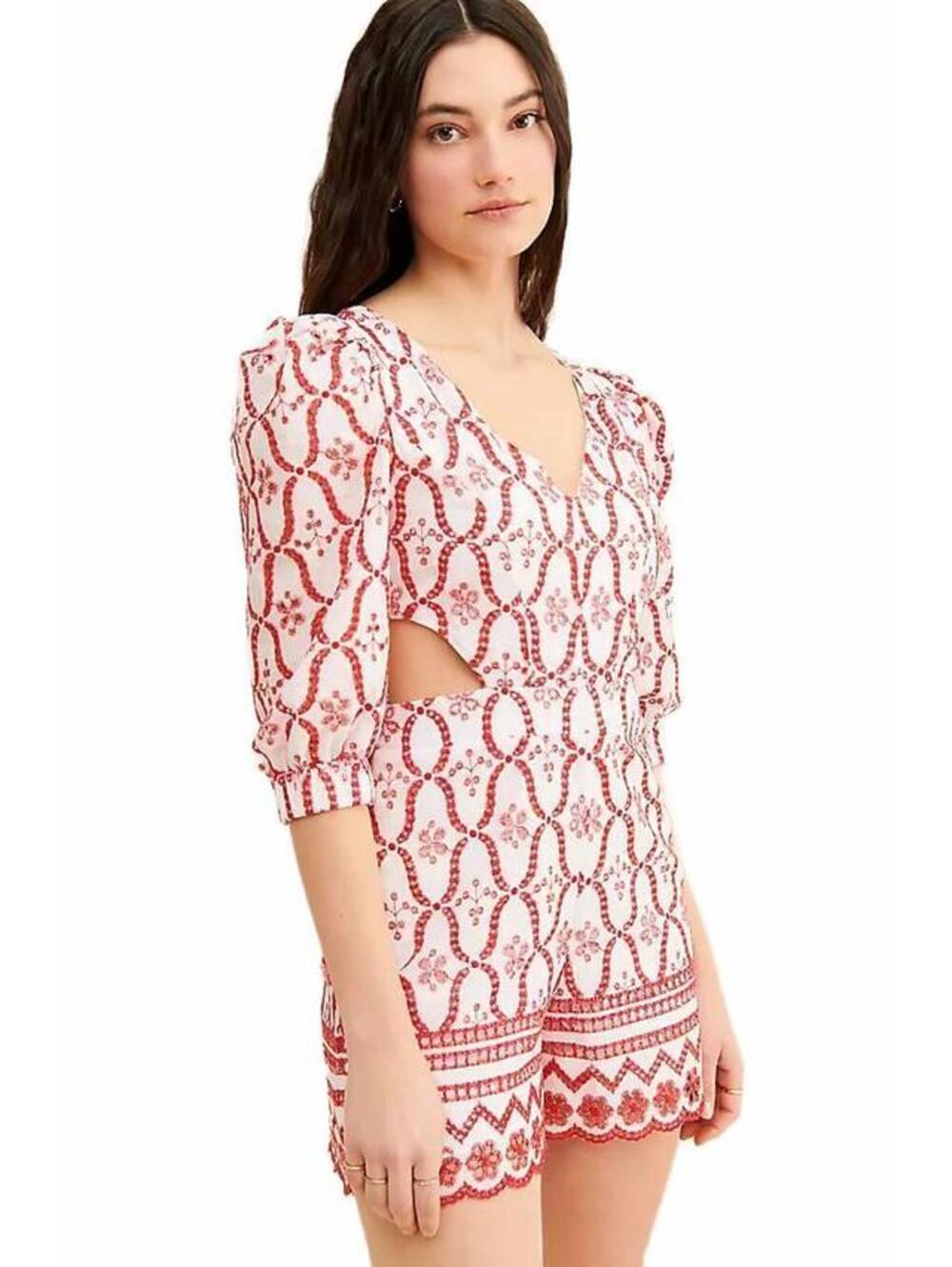 ESPECIA FREE PEOPLE white /red embroidered cutout romper V-neck SzXS #1129